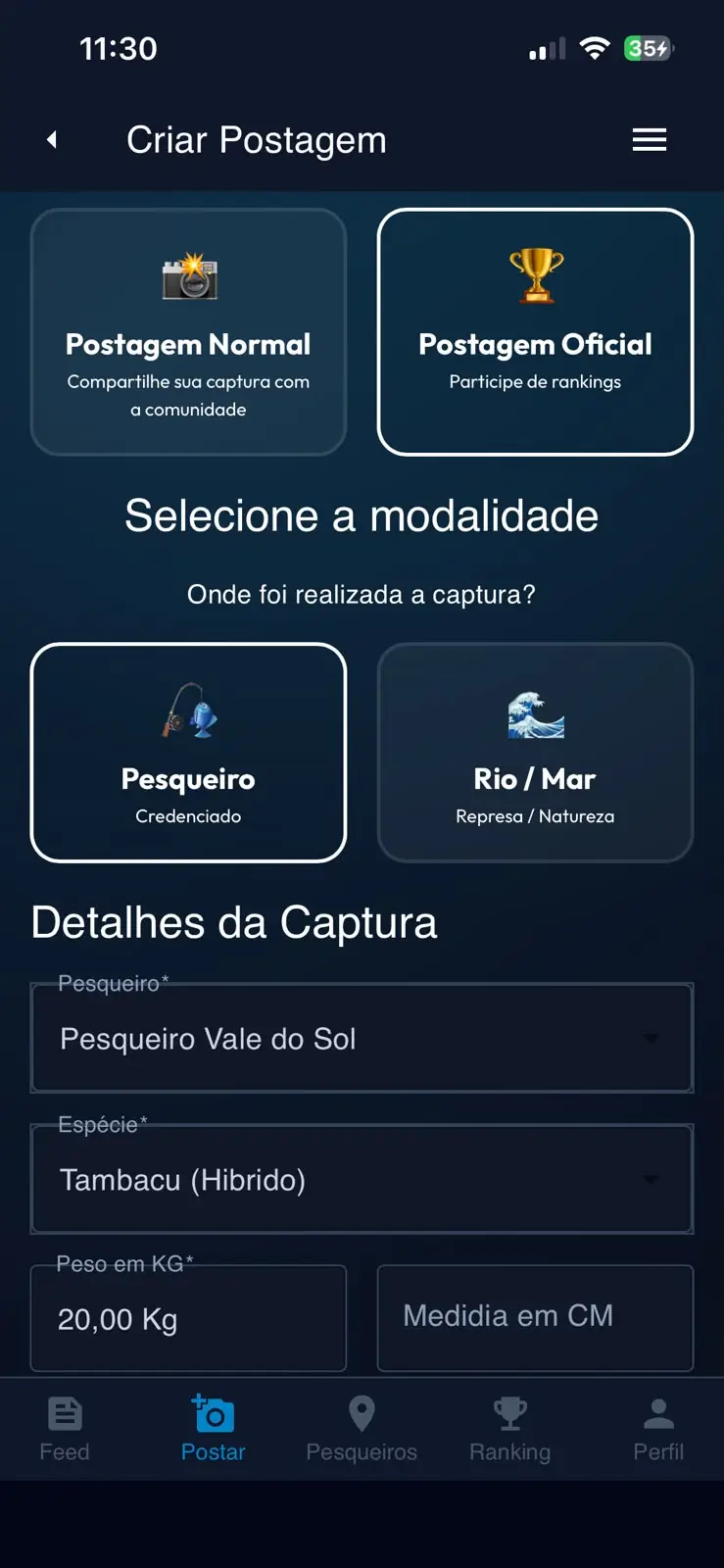 Funcionalidade de registro de captura no app Pescamais