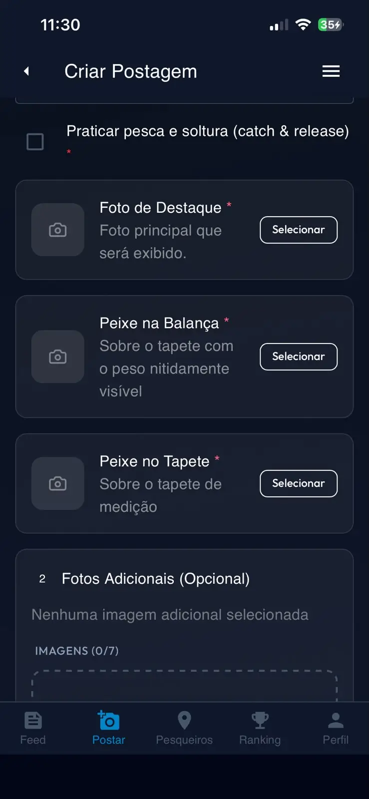 Funcionalidade de registro de captura no app Pescamais